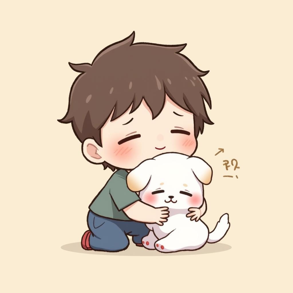 Anh chibi de thuong be trai dang om chu choi nho mau trang cuc cute